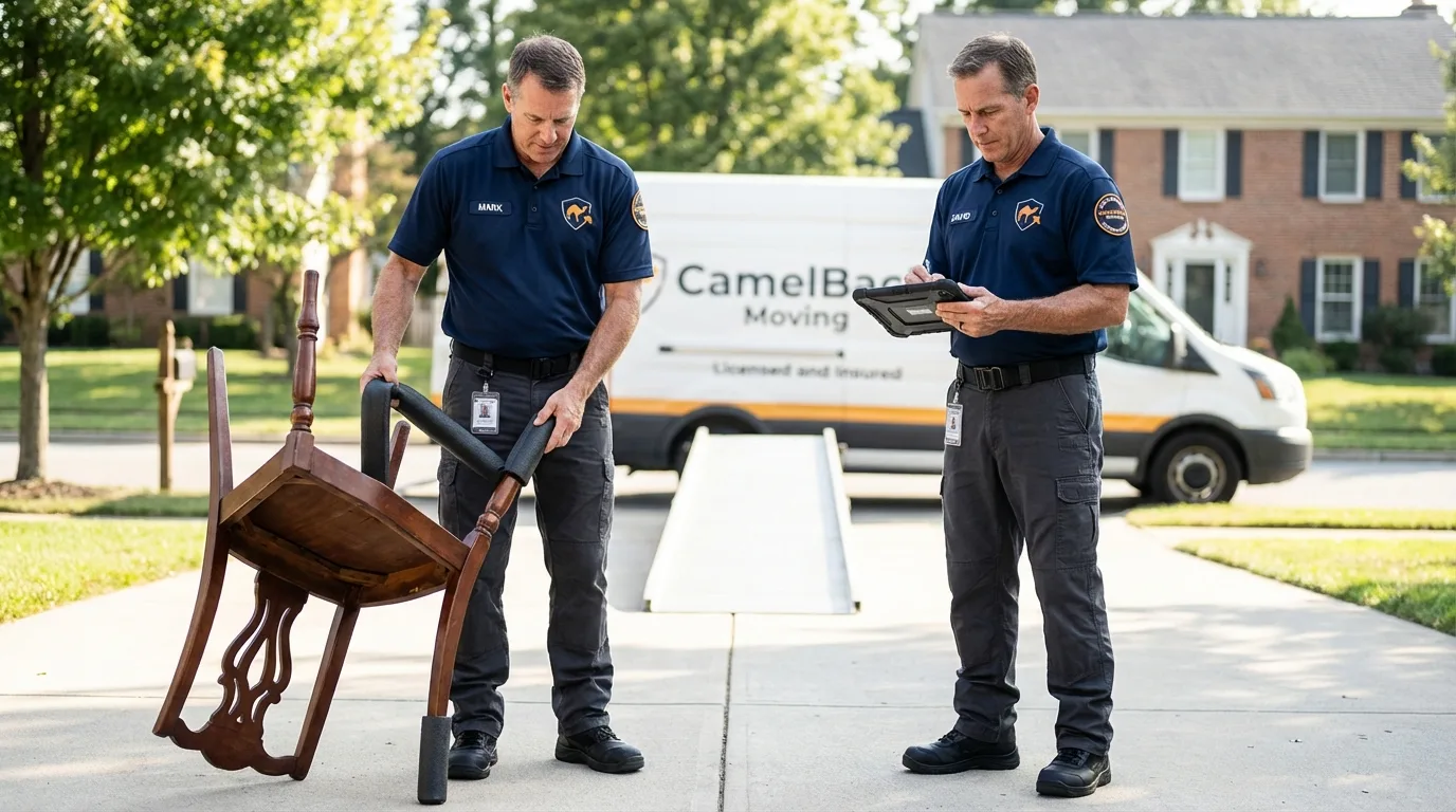 Movers inspecting furniture for damage prevention before loading in Comer, GA