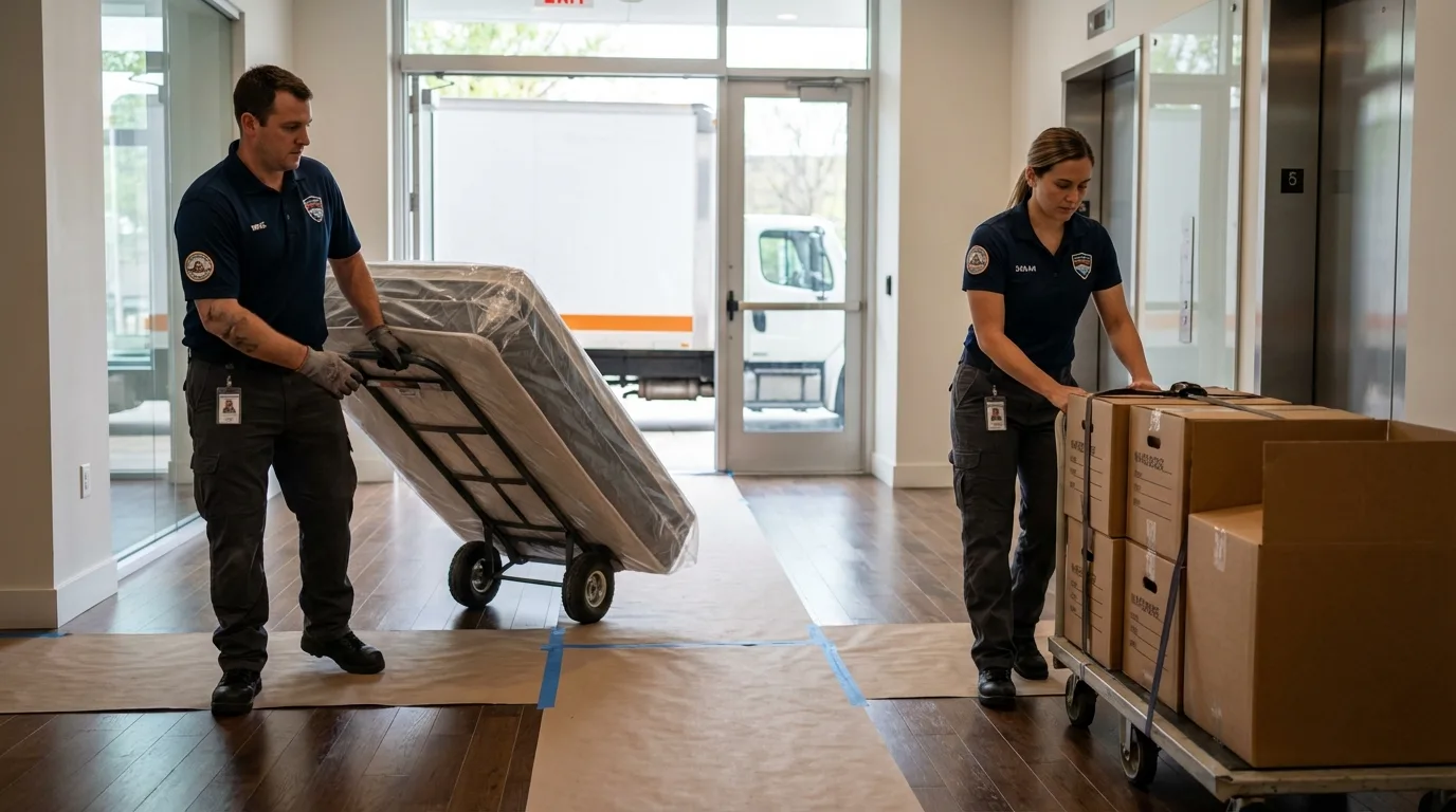Professional apartment movers loading elevator in Comer, GA